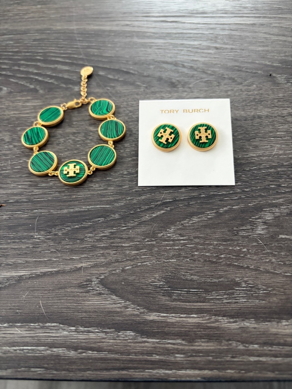 Tory Burch Green Enamel Logo Bracelet and Stud Earrings Set